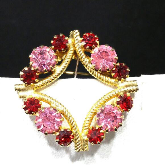 Vintage Red Pink Rhinestone Brooch Earrings Set, Gold Plated - Picture 7 of 10